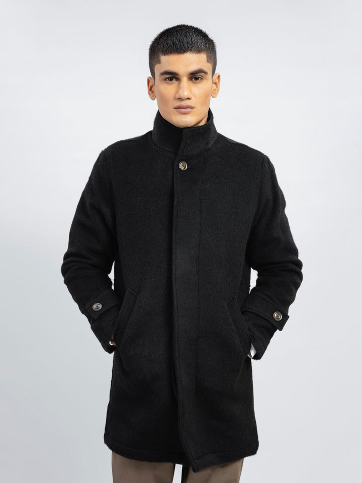 100% Wool Black Long Coat - Limited Edition Brumano Pakistan