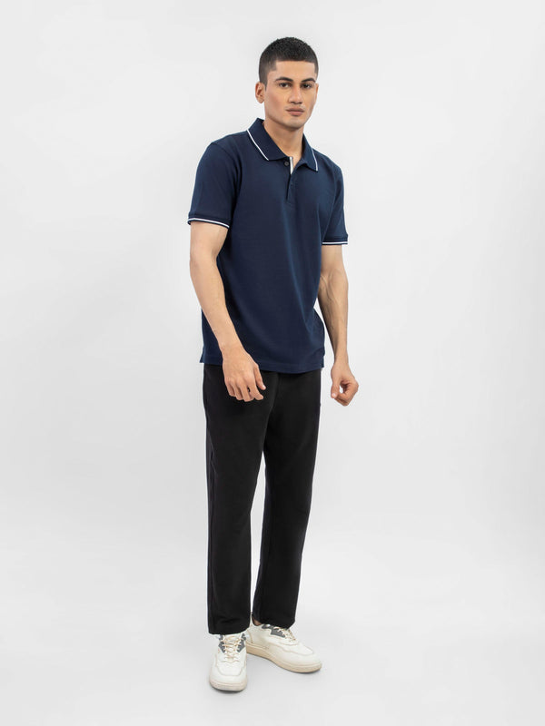 Navy Blue Pique Polo With White Tipped Collar