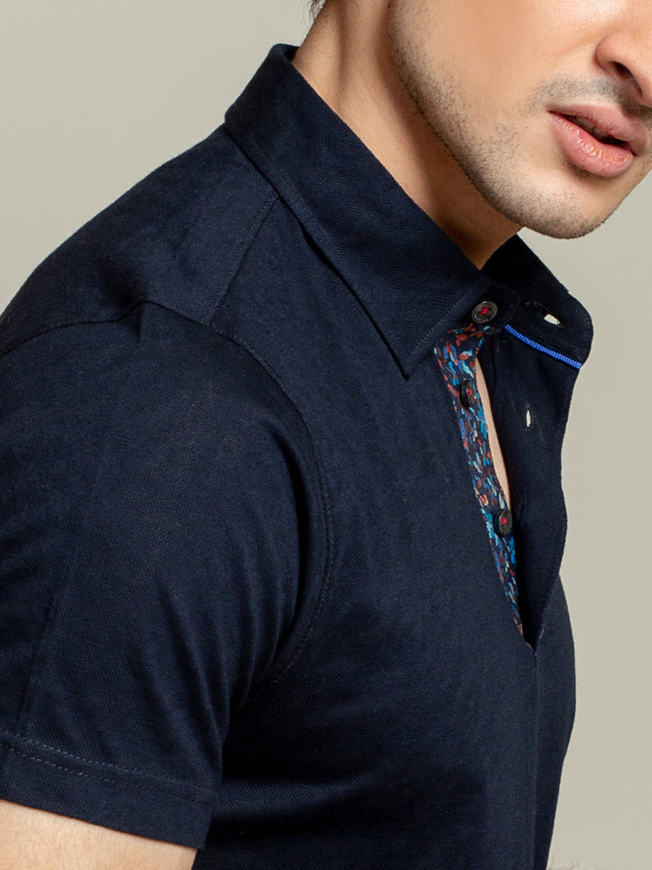 Navy Blue Jacquard Polo Shirt With Floral Detailing Brumano Pakistan