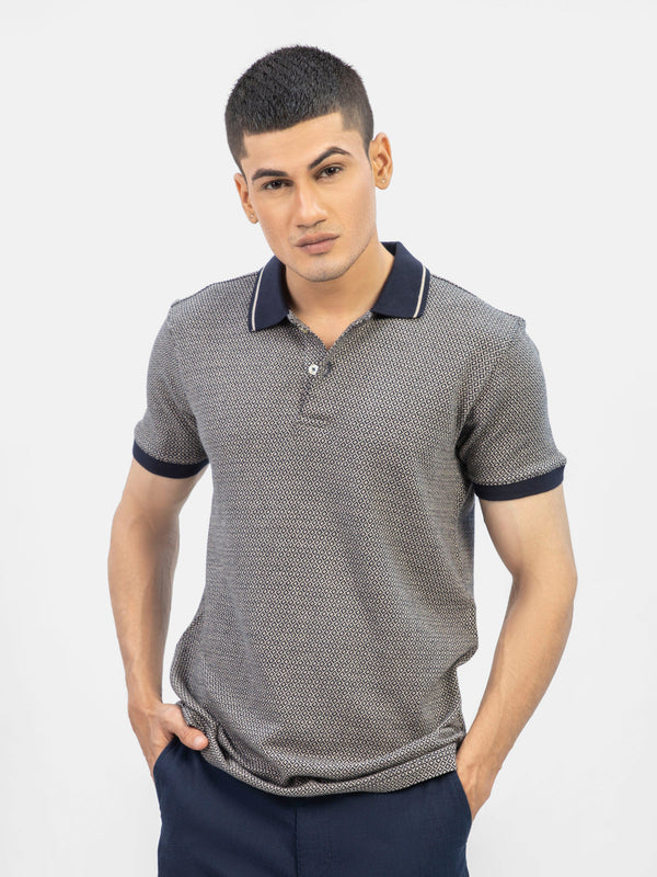 Beige & Navy Jacquard Polo Shirt