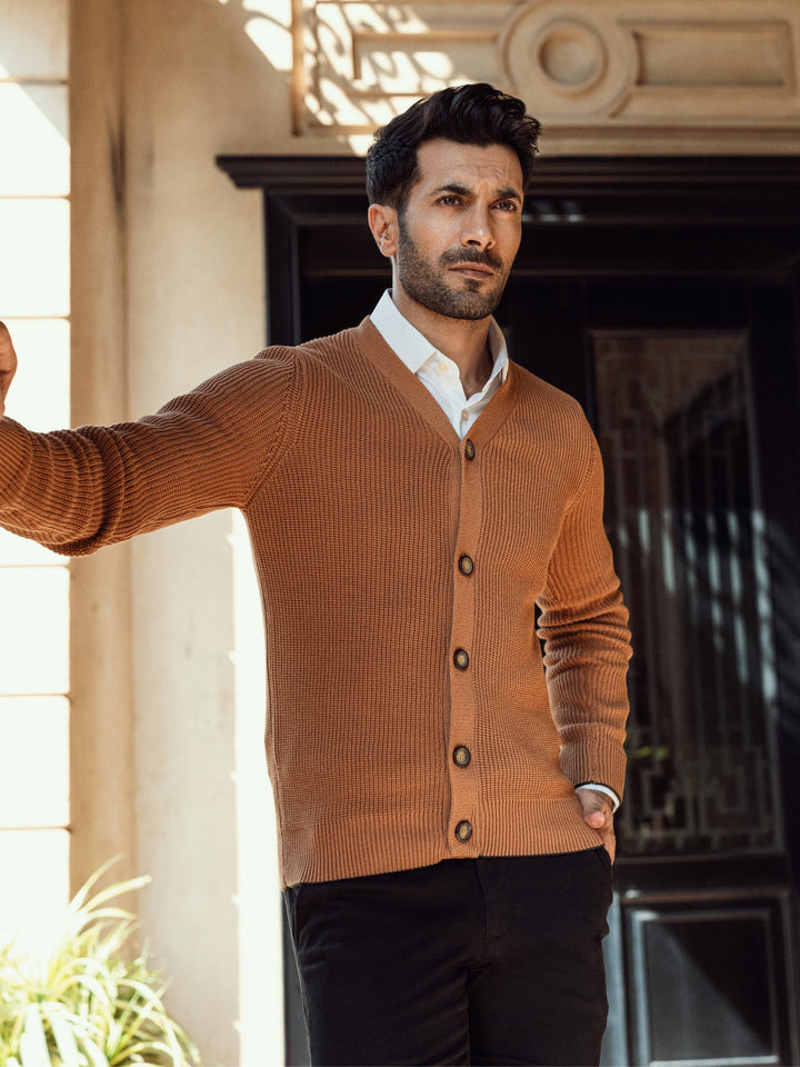 Camel Brown Ribbed V-Neck Cardigan Brumano Pakistan