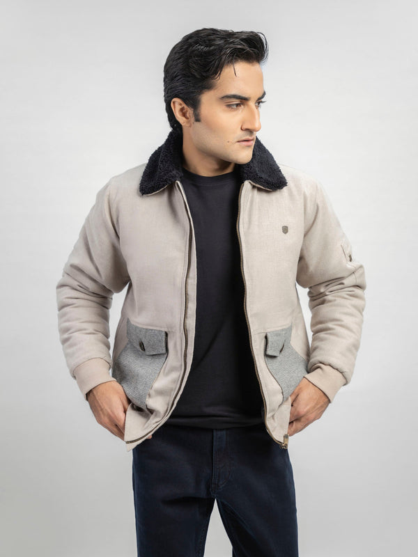 Beige Sherpa Collar Aviator Jacket With Cashmere Pockets Brumano Pakistan