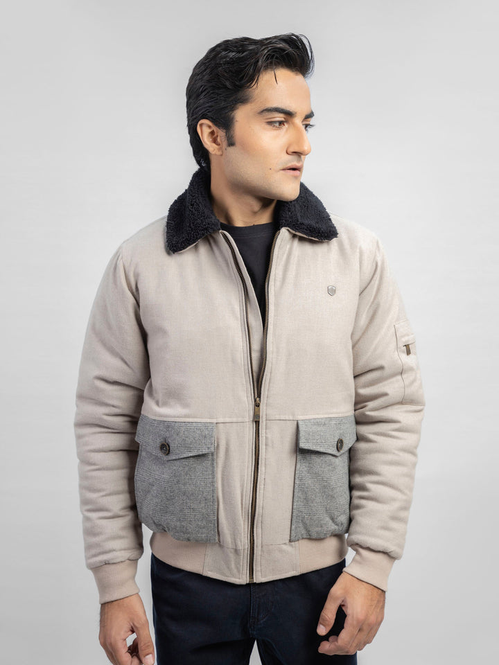 Beige Sherpa Collar Aviator Jacket With Cashmere Pockets Brumano Pakistan