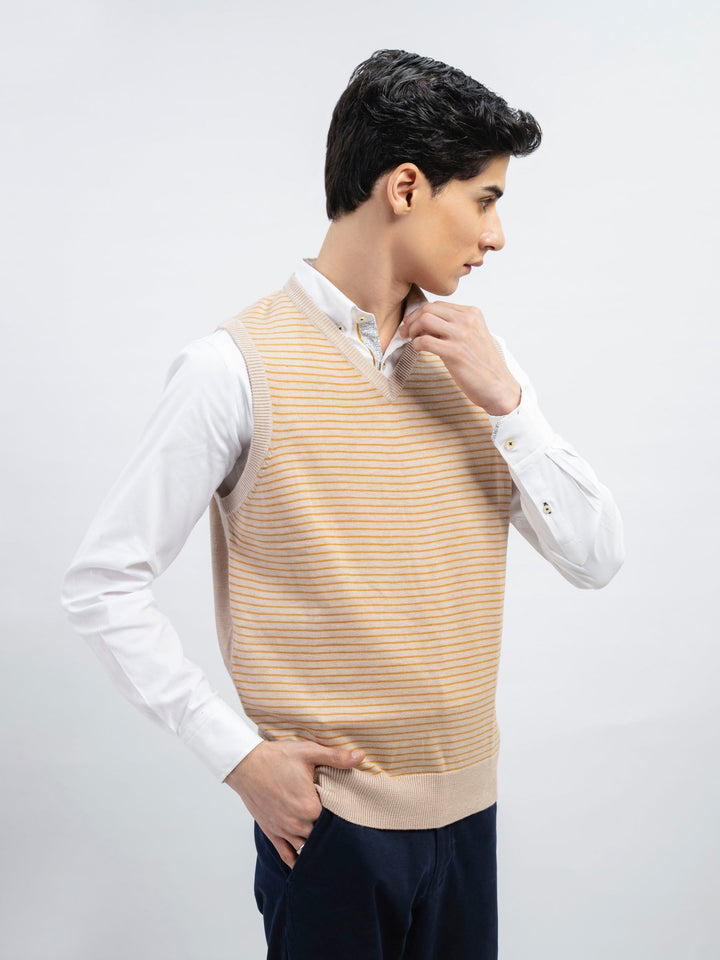 Beige Striped Wool Blended Sleeveless Sweater Brumano Pakistan