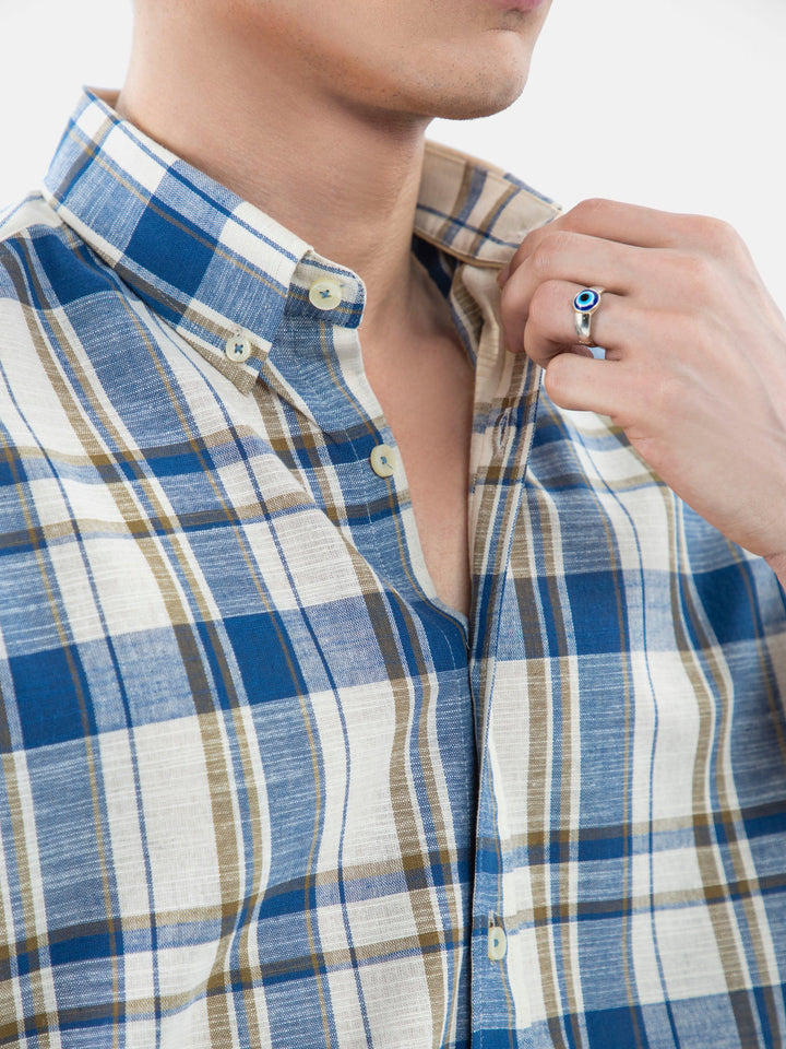 Beige & Blue Linen Checkered Shirt Brumano Pakistan