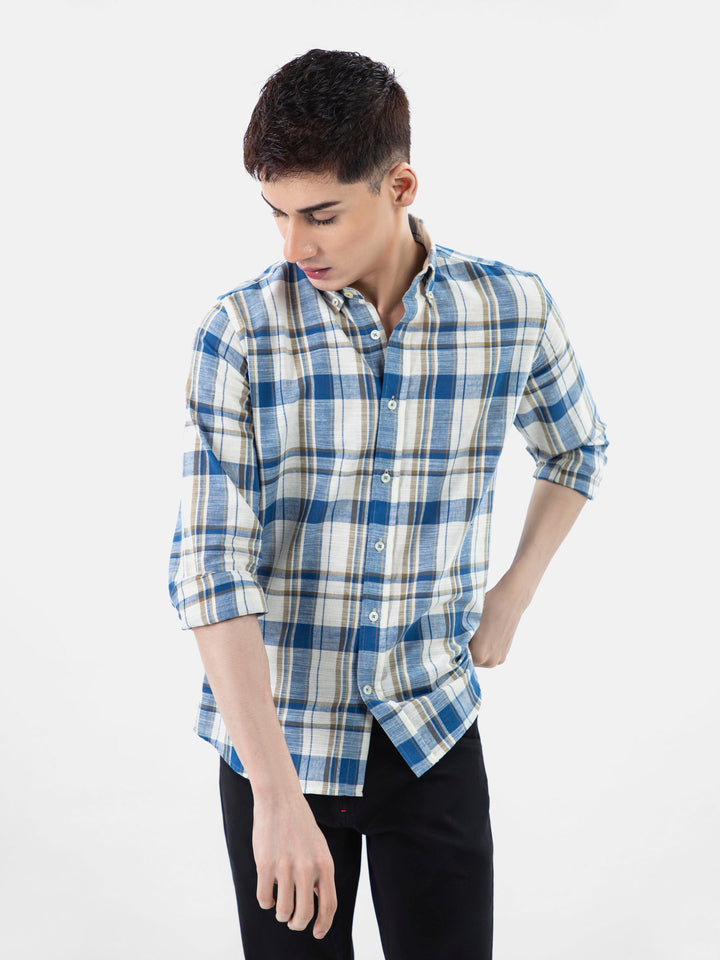 Beige & Blue Linen Checkered Shirt Brumano Pakistan