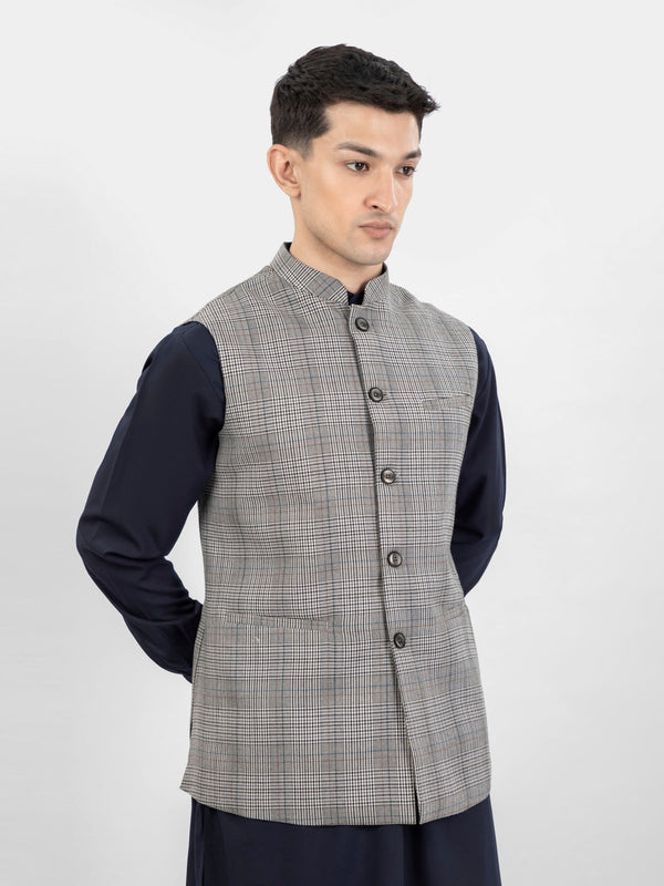 Beige & Grey Checkered Wool Waistcoat