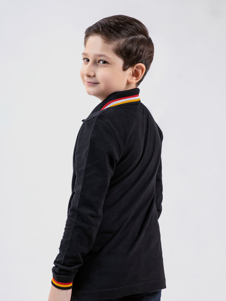 Black Contrasting Tipped Long Sleeve Pique Polo Brumano Pakistan