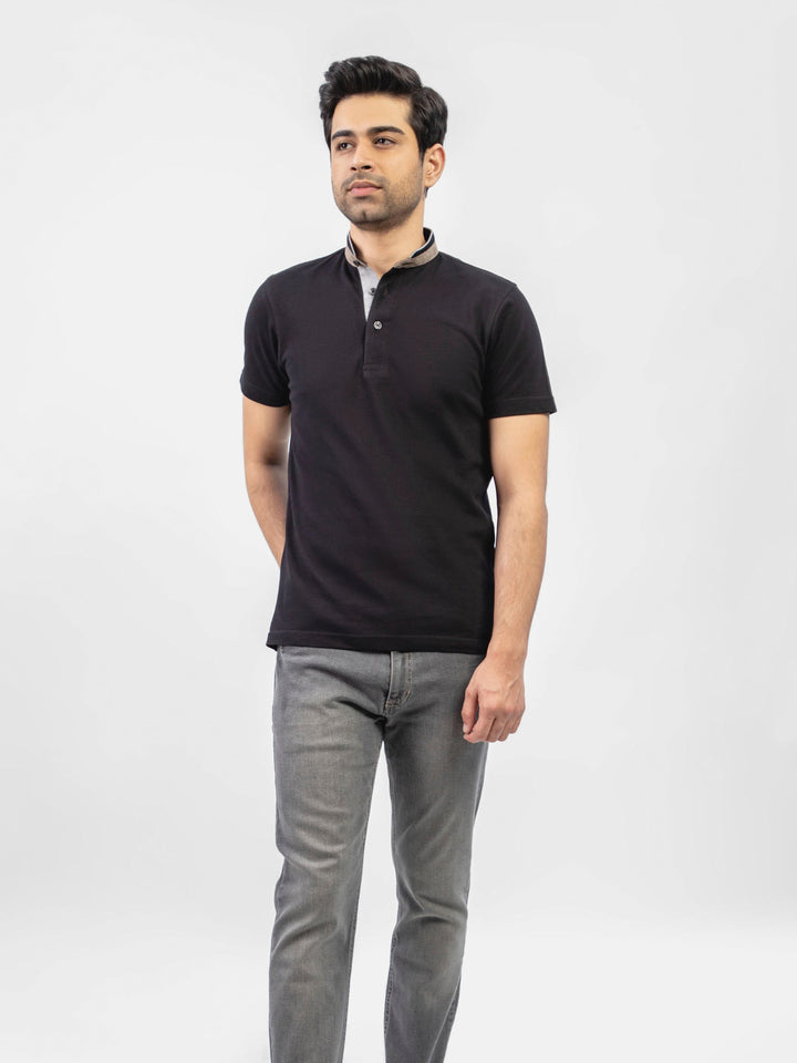 Black Mao Collar Polo Shirt With Detailing Brumano Pakistan