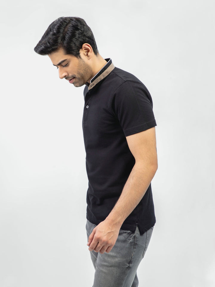 Black Mao Collar Polo Shirt With Detailing Brumano Pakistan