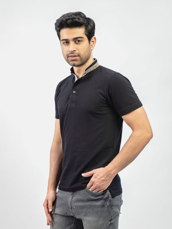 Black Mao Collar Polo Shirt With Detailing Brumano Pakistan