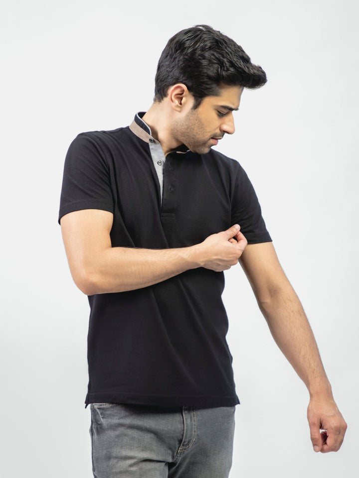 Black Mao Collar Polo Shirt With Detailing Brumano Pakistan