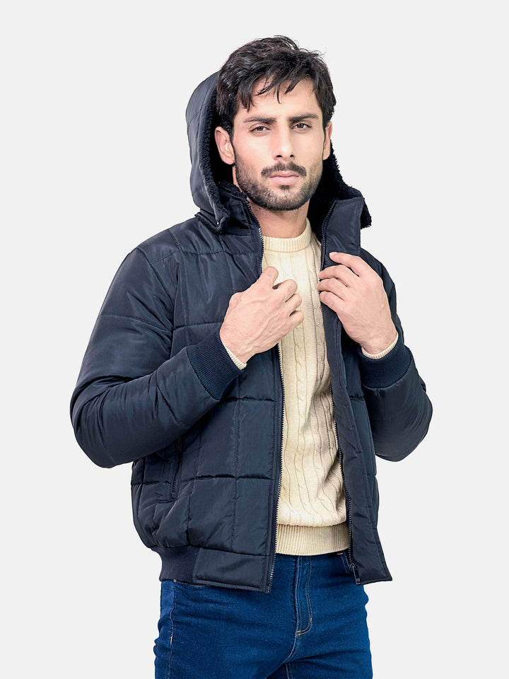 Black Quilted Puffer Jacket With Detachable Hoodie Brumano Pakistan