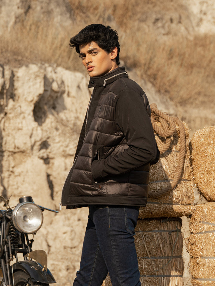 Black Two Tone Quilted Jacket Wth Silver Zip Brumano Pakistan