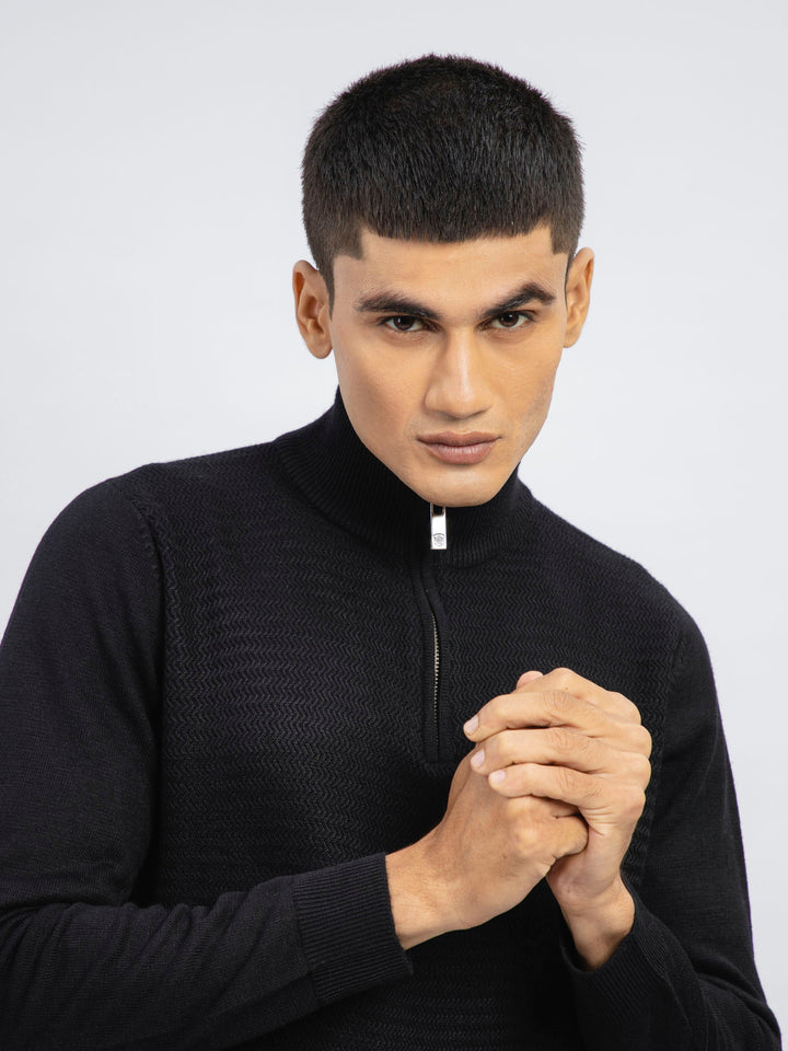 Black Wool Textured Half-Zip Sweater Brumano Pakistan