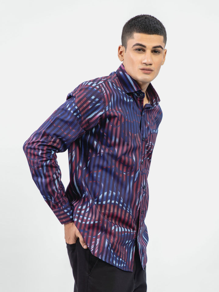 Black & Burgundy Floral Printed Striped Shirt Brumano Pakistan