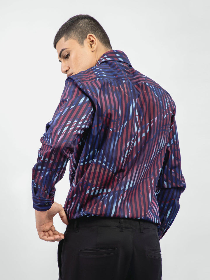 Black & Burgundy Floral Printed Striped Shirt Brumano Pakistan