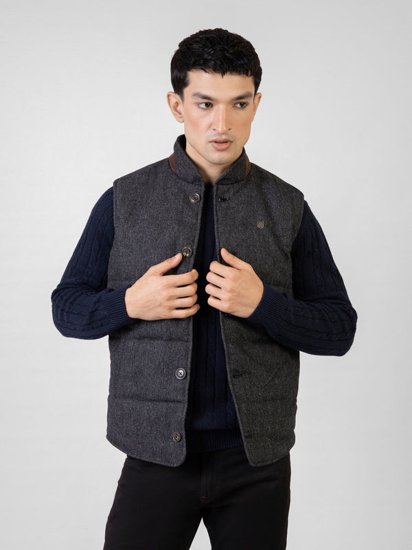 Black & Grey Dobby Woolen Quilted Vest