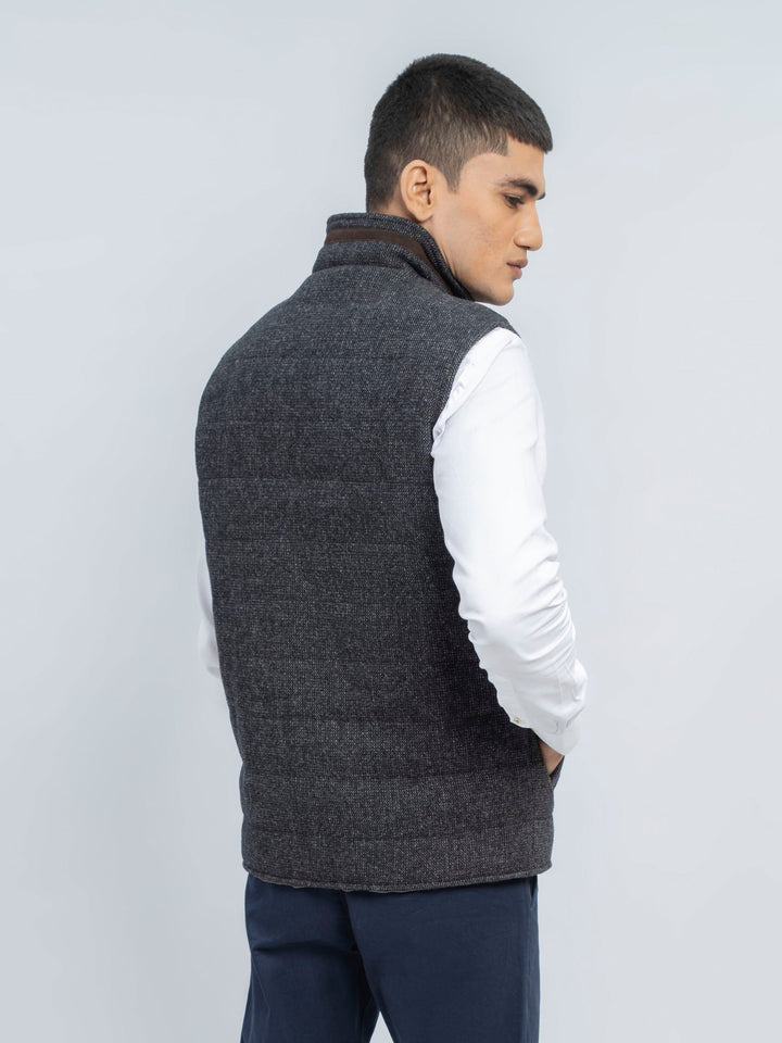 Black & Grey Structured Wool Blended Sleeveless Quilted Jacket Brumano Pakistan