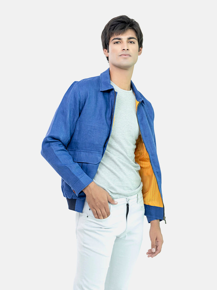 Blue 100% Linen Casual Collar Jacket Brumano Pakistan