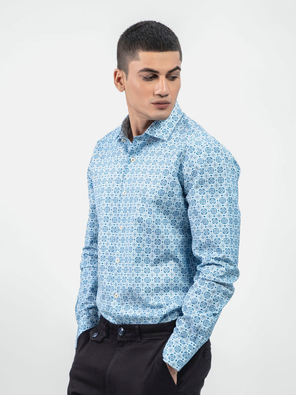 Blue Geometric Printed Shirt With Shallow Collar - Exclusive Brumano Pakistan