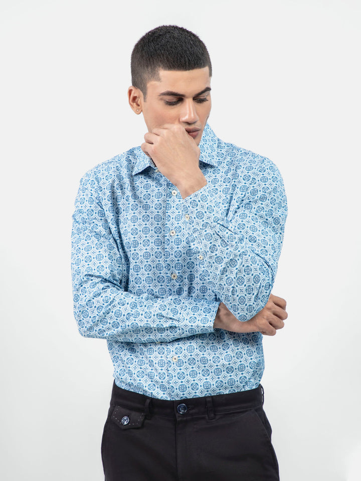 Blue Geometric Printed Shirt With Shallow Collar - Exclusive Brumano Pakistan