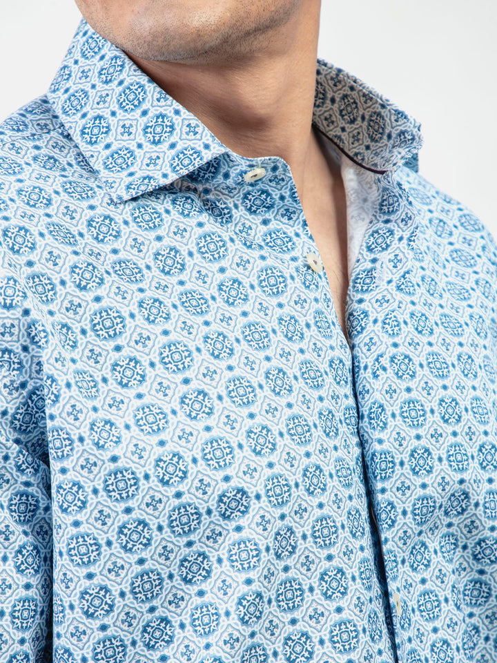 Blue Geometric Printed Shirt With Shallow Collar - Exclusive Brumano Pakistan