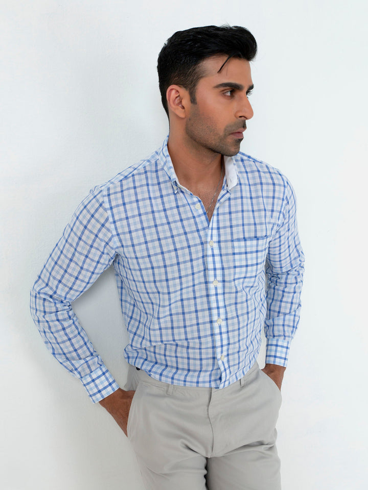 Blue Gingham CottonLinen Button Down Shirt Brumano Pakistan