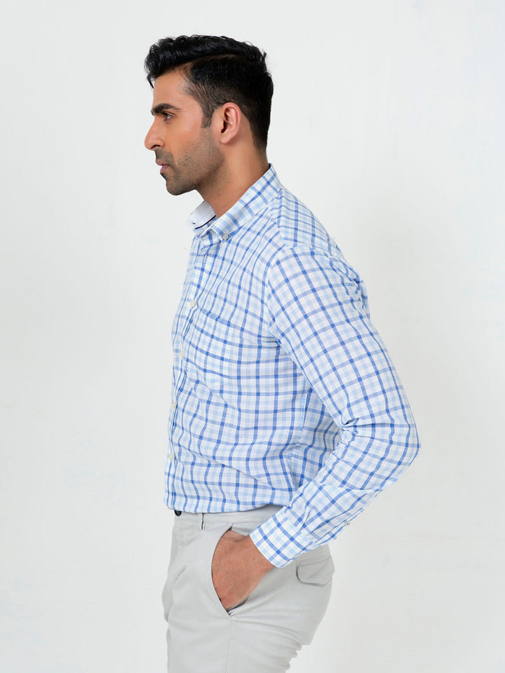 Blue Gingham CottonLinen Button Down Shirt Brumano Pakistan