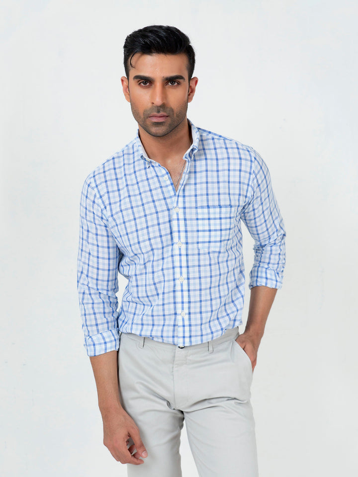 Blue Gingham CottonLinen Button Down Shirt Brumano Pakistan