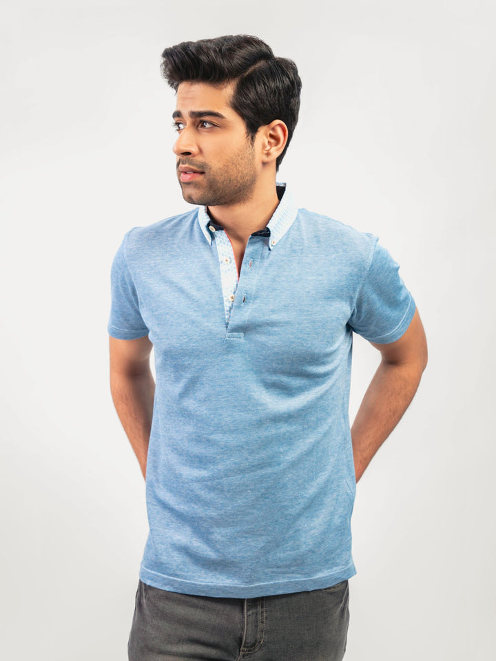 Blue Mercerized Pique Polo With Printed Collar Brumano Pakistan