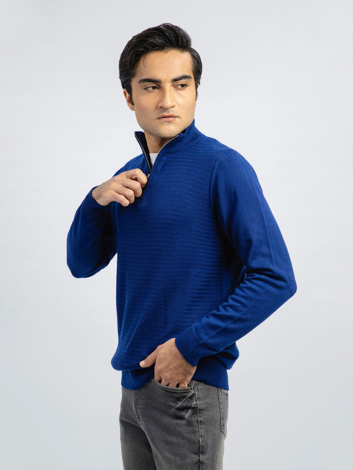 Blue Wool Textured Half-Zip Sweater Brumano Pakistan