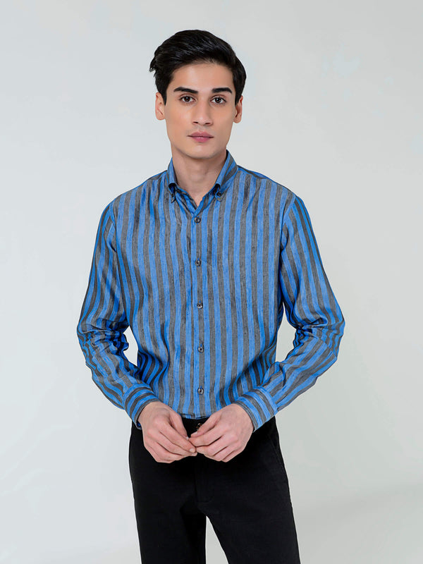 Blue & Grey Bold Striped Linen & Silk Shirt Brumano Pakistan