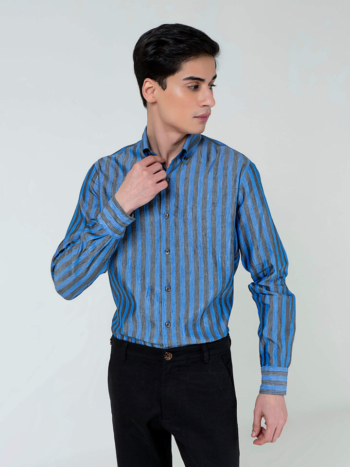 Blue & Grey Bold Striped Linen & Silk Shirt Brumano Pakistan