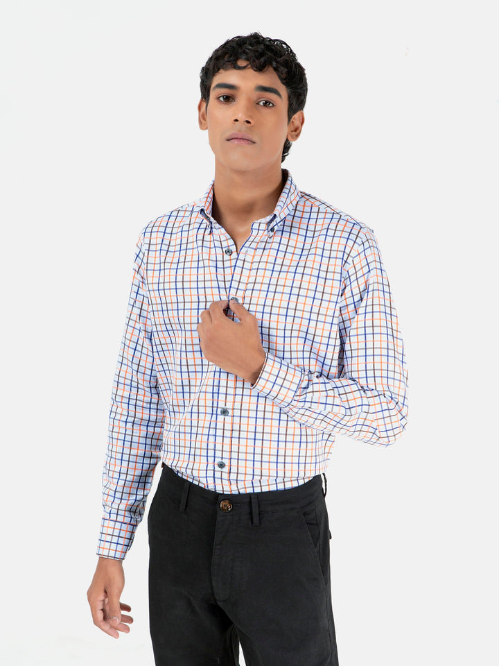 Blue & Orange Windowpane Checkered Button Down Shirt Brumano Pakistan 