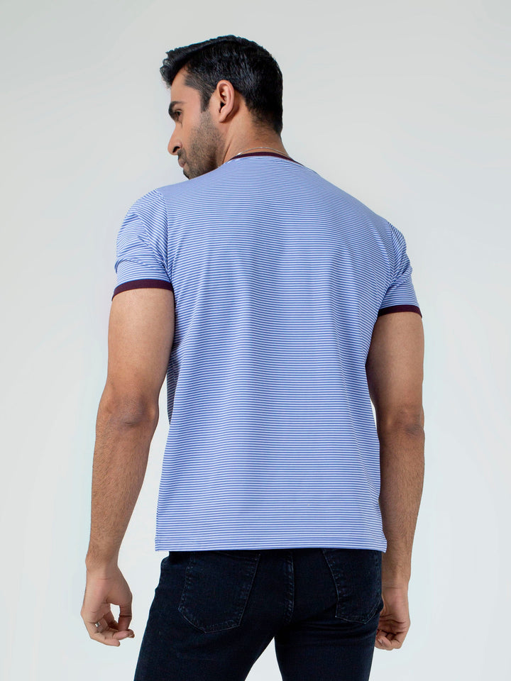 Blue & White Striped Crew Neck T-Shirt With Maroon Contrast Brumano Pakistan