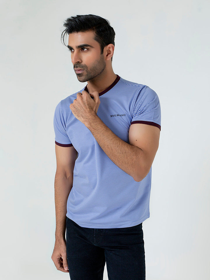 Blue & White Striped Crew Neck T-Shirt With Maroon Contrast Brumano Pakistan