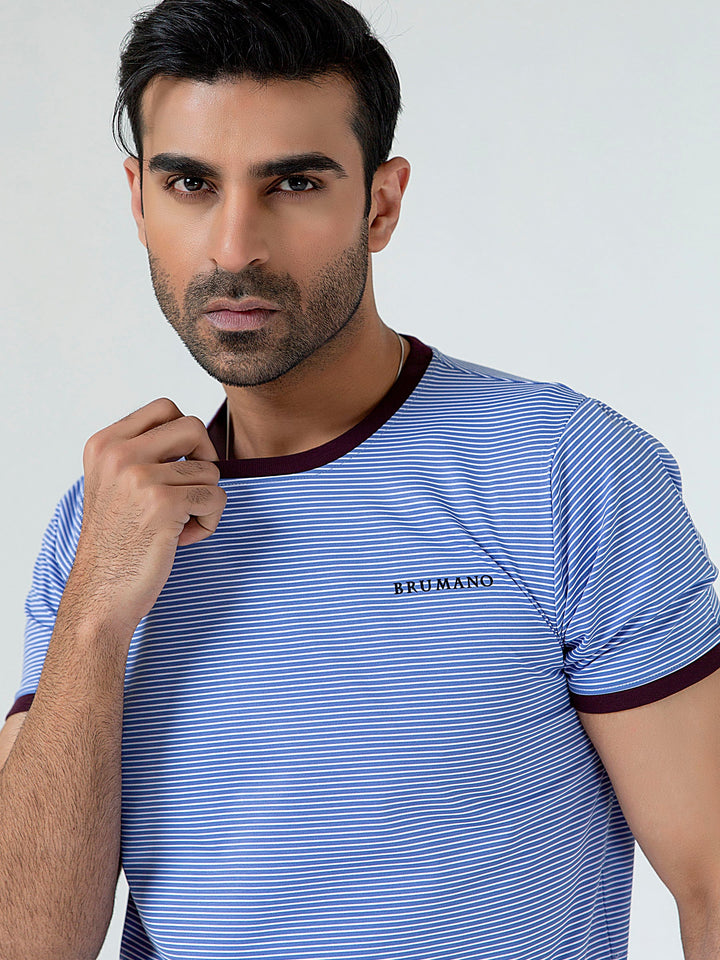 Blue & White Striped Crew Neck T-Shirt With Maroon Contrast Brumano Pakistan