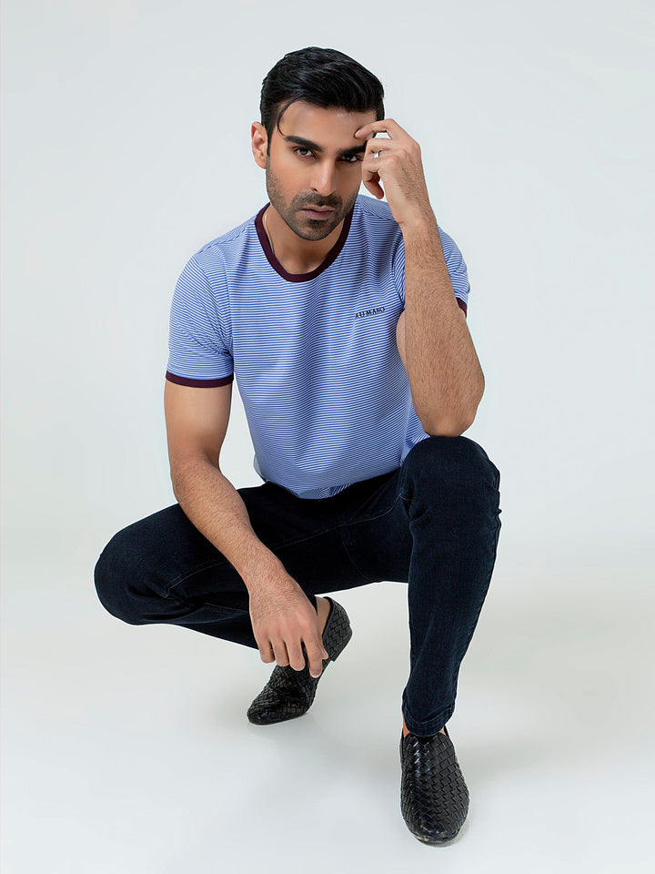 Blue & White Striped Crew Neck T-Shirt With Maroon Contrast Brumano Pakistan