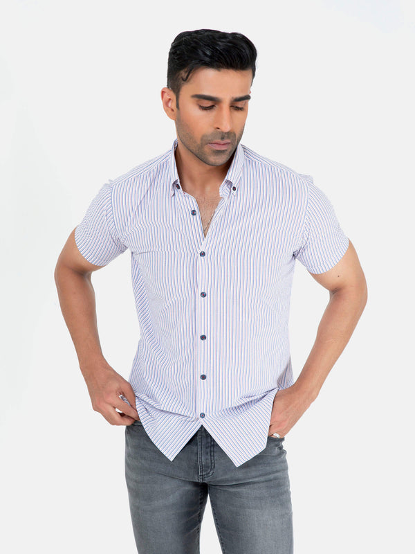  Blue & White Striped Seersucked Half Sleeve Shirt Brumano Pakistan