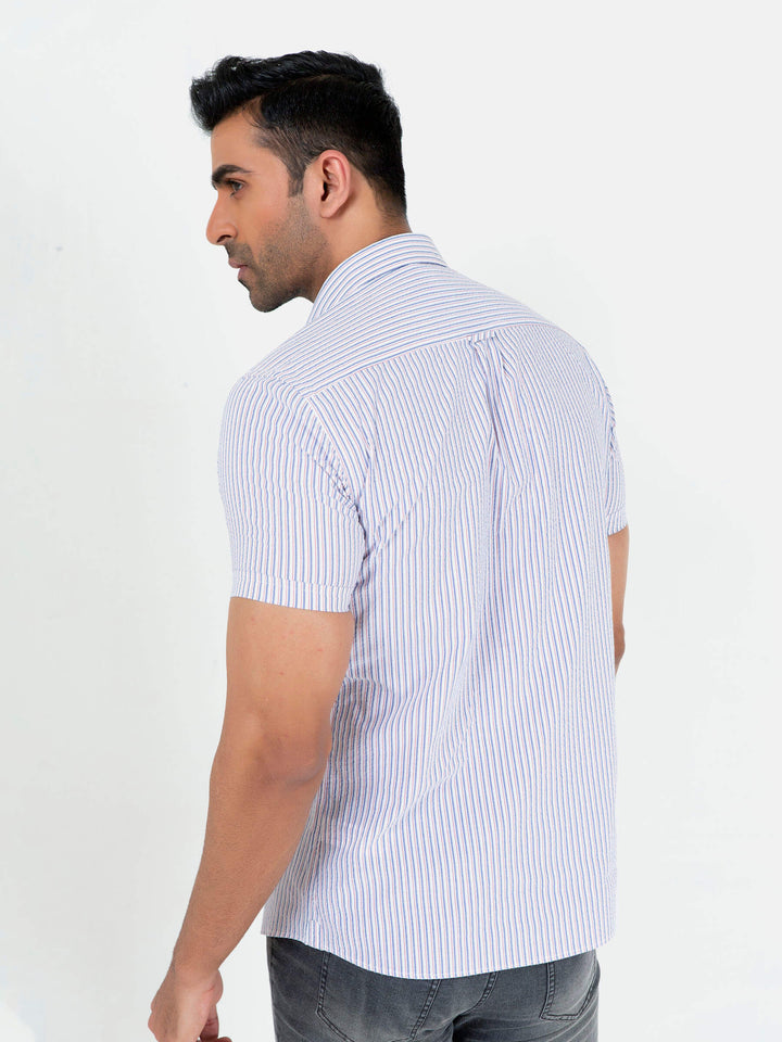  Blue & White Striped Seersucked Half Sleeve Shirt Brumano Pakistan