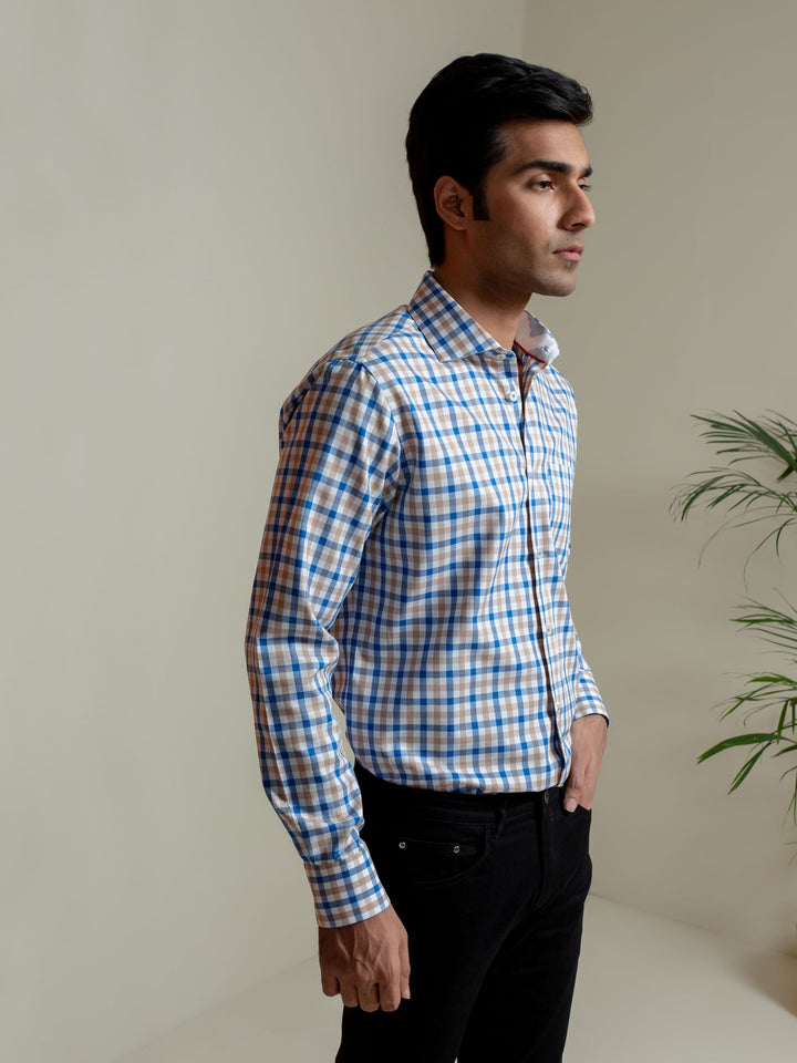 Brown & Blue Gingham Check Formal Shirt Brumano Pakistan