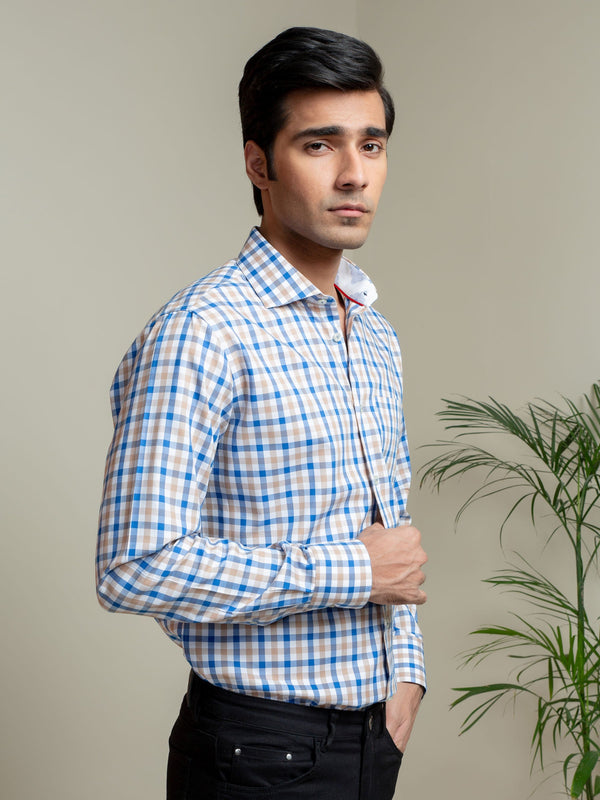 Brown & Blue Gingham Check Formal Shirt Brumano Pakistan