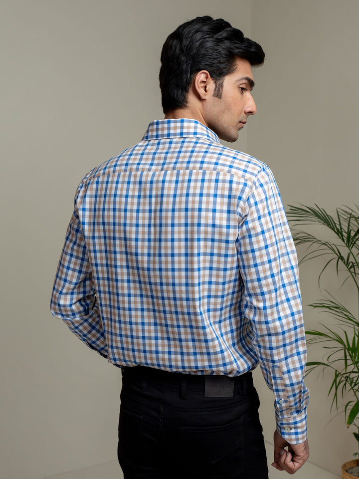 Brown & Blue Gingham Check Formal Shirt Brumano Pakistan