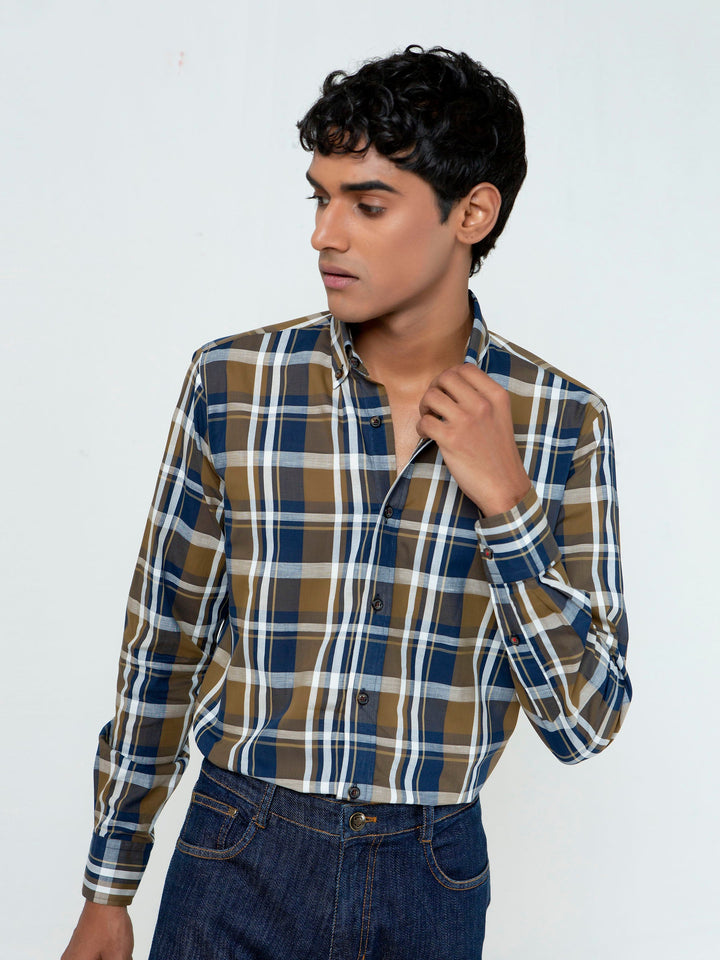 Brown & Navy Linen Checkered Shirt Brumano Pakistan 