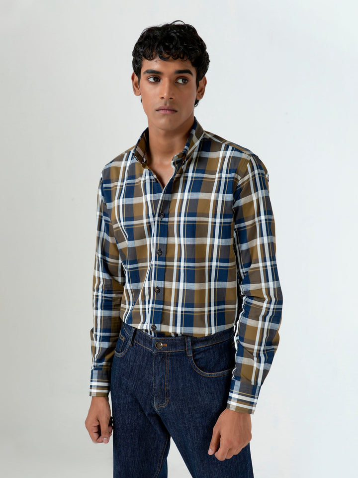 Brown & Navy Linen Checkered Shirt Brumano Pakistan