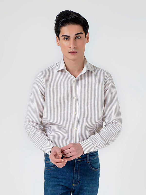 Brown & White 100% Linen Striped Shirt Brumano Pakistan