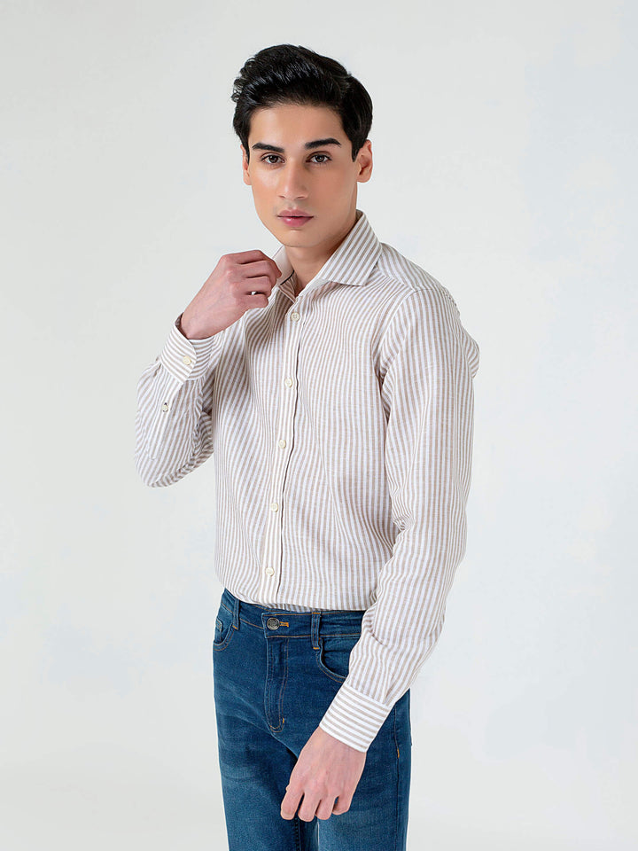 Brown & White 100% Linen Striped Shirt Brumano Pakistan