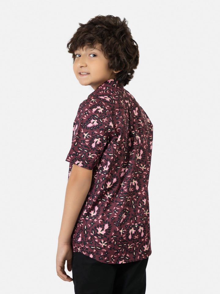 Burgundy & Black Floral Printed Short Sleeve Casual Shirt Brumano Pakistan