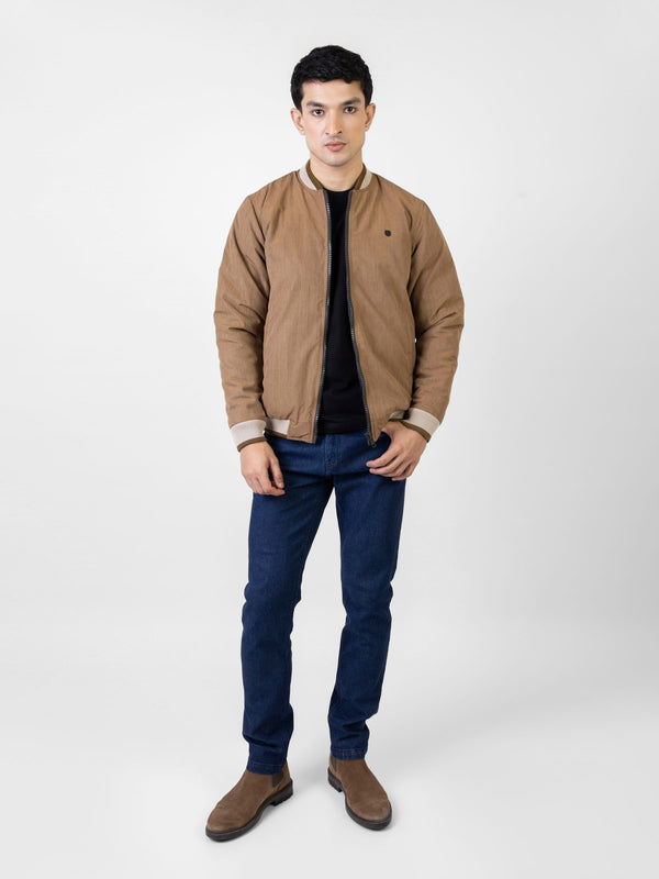 Camel Brown Quilted Bomber Jacket With Contrasting Rib